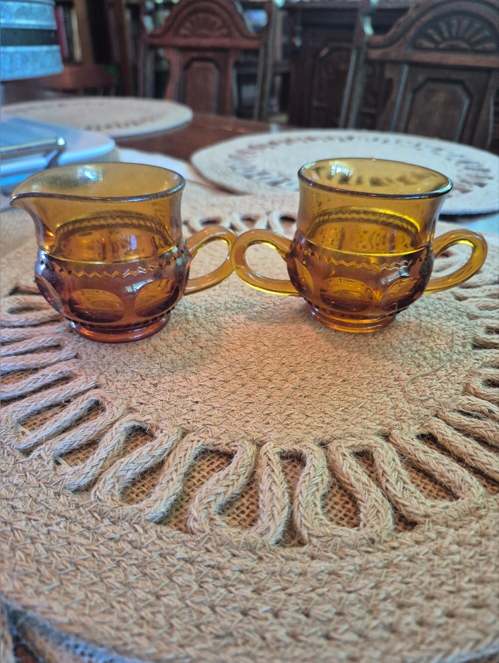 2pc. Vtg. Indiana Glass Kings Crown Thumbprint Amber Creamer & Open Sugar Dish